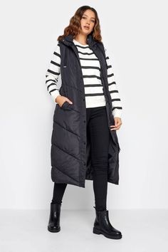 Upgrade your everyday looks this season with this new-in longline gilet from LTS. Designed for women 5ft 7in and above. Made from a comfortable woven fabric, it features a hood and drawstrings, popper fastenings and two side pockets, complete in a chevron quilted design. Simply layer over a jumper and jeans for the perfect transitional look. Jumper And Jeans, Jeans For Tall Women, Hooded Gilet, Tall Skirt, Gilet Long, Large Clothes, Long Tall Sally, Long Leggings, Black Chevron