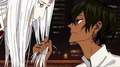 two anime characters one with long white hair and the other with black hair looking at each other