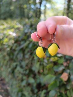 a person is holding two lemons in their hand and they are hanging from the chain