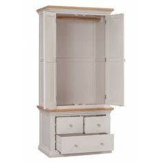 an armoire with two drawers and one door open on the bottom shelf is shown