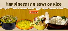 an advertisement with rice and other foods on it