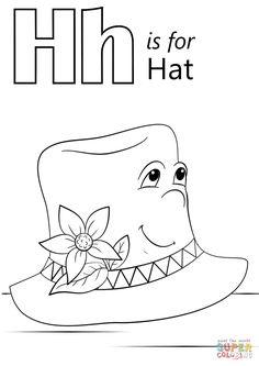 the letter h is for hat coloring page with an image of a dinosaur wearing a hat