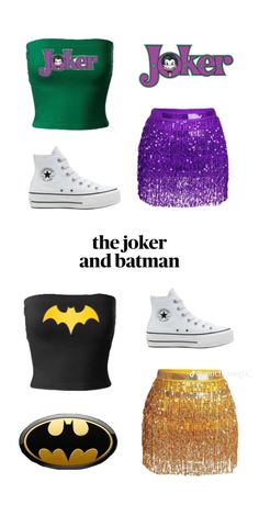 the joker and batman costumes are featured in this poster, which includes converse shoes with sequins on them