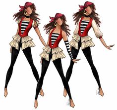 three different views of a woman in pirate costumes, one with red hair and the other black