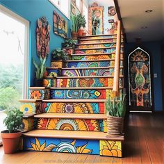 the stairs are painted with bright colors and designs