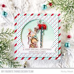 a christmas card with a reindeer and a candy cane in the middle, surrounded by holiday decorations