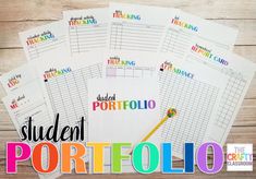 student workbook with the words student portfolio on it and four sheets of paper next to them