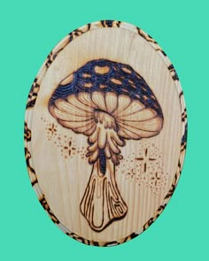 an image of a wooden plaque with a mushroom on it