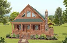 this is a computer rendering of a small log cabin house with porches and steps leading up to the front door