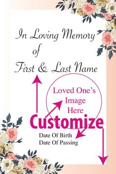 a pink and white floral frame with the words, in loving memory of first & last name loved one's image here date of birth date of birth date of passing