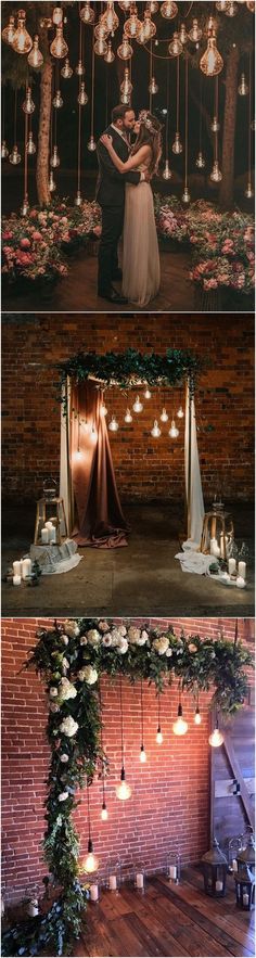 two different shots of a couple in front of a brick wall with candles and flowers on it