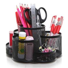 7 Compartment Rotating Mesh Office Caddy - MyGift Office Supplies Logo, Junk Organization, Office Desk Organization, Office Supplies Design, Office Supply Storage, Organized Desk Drawers, Storage Caddy, Pen Organization, Office Supply Organization