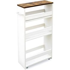 a white shelf with wooden top on wheels