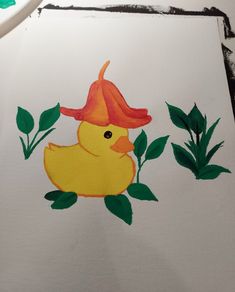 a drawing of a duck with a hat on it's head and leaves around its neck