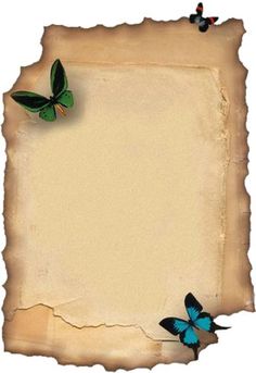 an old paper with two blue butterflies on it and one green butterfly flying over the edge