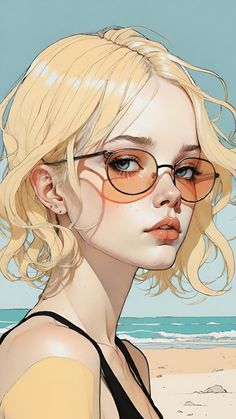 a drawing of a blonde woman wearing glasses on the beach, with blue sky in the background