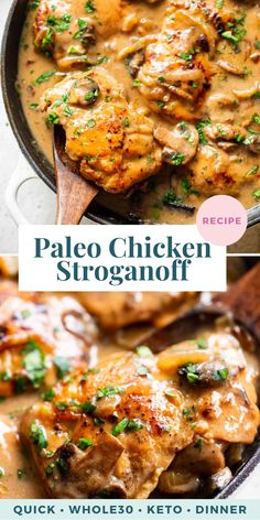 the recipe for paleo chicken stroganoni is in a skillet and ready to be eaten