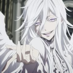 an anime character with long white hair and purple eyes pointing to the side while standing in front of a building