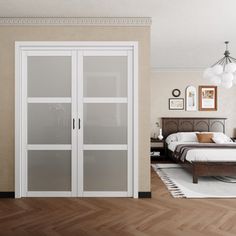 a bedroom with a bed and two glass doors