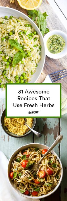 three different bowls filled with pasta, vegetables and pesto on top of a wooden table