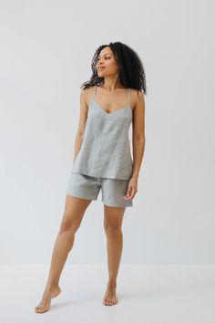 "Linen pajama set made from 100% pure linen. Stone washed linen sleep wear set will be a perfect addition to your loungewear collection. Cross back strap top will give a playful and elegant touch while elastic waist shorts will keep set comfortable. Incredibly soft linen pajama set Bilbao will make your morning routines even more enjoyable.  Top and shorts set Bilbao Details: - Strap top - Crossed back straps - Shorts with elastic waistband  - Handmade from high quality European linen - Designed Gray Pajama Shorts For Summer Loungewear, Summer Linen Sleepwear For Pajama Party, Summer Linen Pajama Shorts For Loungewear, Linen Sleepwear For Beach, Summer Linen Sleep Tops, Linen Relaxed-fit Sleep Tops, Linen Sleepwear For Spring, Spring Linen Sleepwear For Loungewear, Spring Linen Loungewear Sleepwear