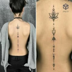 the back of a woman's body with tattoos on it and an image of a flower