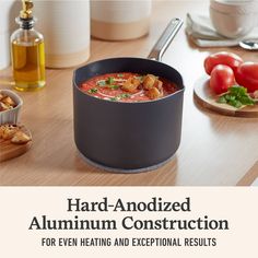 an advertisement for hard - and - boiled aluminum construction for even heating and exceptional results