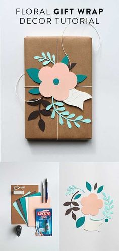 a gift wrap with flowers and leaves on it is shown in three different ways, including the