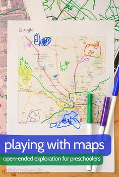 a map with markers on it and the words playing with maps open - ended explanation for preschoolers