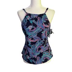 Nwt Island Escape Paisley Print Tankini Blue Paisley Print Beach Top, Beach Blue Tops With Paisley Print, Fitted Paisley Print Top For Beach, Blue Fitted Top With Paisley Print, Fitted Blue Top With Paisley Print, Women Sailing, Crochet High Neck, High Neck Tankini Top, Black And White Swimsuit