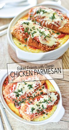 baked polenta with classic chicken parmesan in a white casserole dish