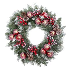 a christmas wreath with ornaments and pine cones