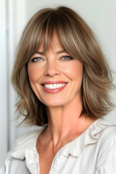 Shoulder-Length Long Bob with Bangs Hairstyle for Women over 60. Short Hair Wispy Bangs Shoulder Length, Waterfall Bangs Short Hair, Shoulder Length Lob With Bangs, Shoulder Length Layers With Bangs, Shoulder Length Layered Hair With Bangs, Layered Lob With Bangs, Layered Shoulder Length Hair With Bangs, Bangs For Square Face, Bob With Long Bangs