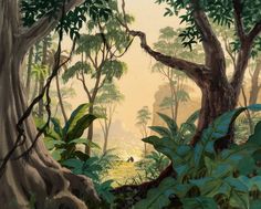 an oil painting of a jungle scene with trees and plants