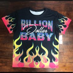 Billion Dolla Baby Flame Tee Sz Various Fitted Black Cartoon Print Tops, Fitted Black Top With Cartoon Print, Trendy Black Tops With Custom Print, Krusty The Clown, Uniqlo Men, Pink Floyd Dark Side, Comme Des Garcons Shirt, Stitch Shirt, Boy London