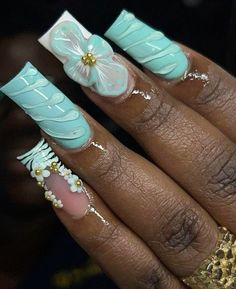 nails | nail inspo | inspo | cute nails Teal Acrylic Nails, Teal Nail Designs, Peacock Nails, Florida Nails, Aqua Nails, Teal Nails, Long Acrylic Nail Designs