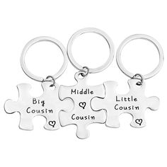 PRICES MAY VARY. Material: Made of high quality stainless steel, lead free and nickel free, and it's hypo allergenic, it doesn’t rust, change colour or tarnish. Measurements: This puzzle charm length 1.57", width 1.10’’. They are well matched. Suitable for holding your car keys, home keys or locker keys. The puzzle keychains are stamped with "Little Cousin", "Middle Cousin", and "Big Cousin". Keychain set for 3 Cousins. A loving little gesture for your Big, Middle and Little cousins. Let them kn Funny Makeup Bag, Puzzle Keychain, Home Keys, Cousin Birthday, Cousin Gifts, Makeup Humor, Sister Bracelet, Sibling Gifts, Box Roses