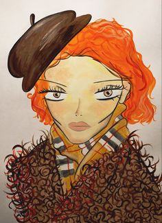 a drawing of a woman with red hair wearing a hat