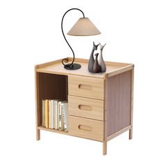 a lamp on top of a wooden cabinet with two drawers and a book shelf below it