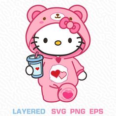 a hello kitty holding a drink and wearing a pink bear suit with hearts on it