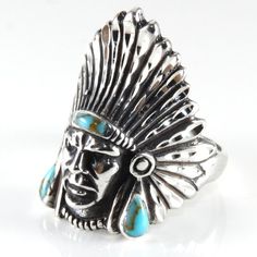 Sterling Silver Diamond Cut Antiqued Indian Chief Ring with Turquoise Accents Bohemian Turquoise Ring As Gift With Polished Finish, Raw Jewelry, Animal Rings Jewelry, Mens Wedding Bands Tungsten, White Buffalo Turquoise, Silver Turquoise Jewelry, Bodybuilders Men, Turquoise Accents, Unique Gifts For Him