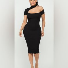 Make A Bold Impression With The Turtleneck One Shoulder Short Sleeve Midi Dress, Crafted From A Smooth Blend Of 70% Rayon And 30% Nylon. This Dress Perfectly Contours To Your Figure, Balancing Allure And Elegance With Its One-Shoulder Design And Turtleneck: Ideal For A Night Out Or A Special Date. Embrace Your Confidence And Step Into The Spotlight With This Captivating, Figure-Flattering Dress That Promises To Turn Heads Black Short Sleeve Bodycon Dress For Club, Short Sleeve Midi Dress For Going Out, Trendy Black One-shoulder Mini Dress, Flirty Black Knee-length Bodycon Dress, Black Stretch Off-shoulder Midi Dress, Flirty Knee-length Midi Dress For Club, Spring Club Midi Dress, Chic Short Sleeve Club Dresses, Flirty Midi Dress For Club