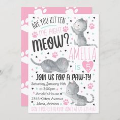 a pink and white cat birthday party card with the words are you kitten meow?