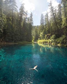 a person swimming in the middle of a lake surrounded by trees and water with clear blue water