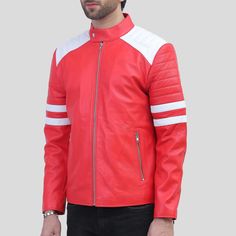 Red Leather Motorcycle Jacket with White Stripes: Biker Jacket Motorcycle Outfit Casual White Motorcycle Outerwear, Red Winter Biker Jacket, Red Moto Outerwear For Winter, Red Leather Motorcycling Jacket, Red Motorcycling Outerwear For Fall, Red Motorcycle Outerwear For Fall, Red Biker Outerwear For Motorcycling, Casual Red Motorcycle Outerwear, Red Biker Outerwear For Outdoor