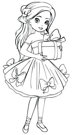 a girl holding a gift box in her hands coloring pages for kids, printable