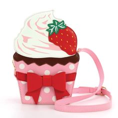 Uniquely designed crossbodyFabric lined interiorAdjustable straps1 zippered main closure Vinyl Measures approximately 6.5in (Length) x 3in (Width) x 9in (Height) Cute Strawberry Cake, Strawberry Cupcake, Purse Design, Cake Shapes, Cute Strawberry, Beauty Crafts, Travel Party, Crossbody Bag Women, Naha