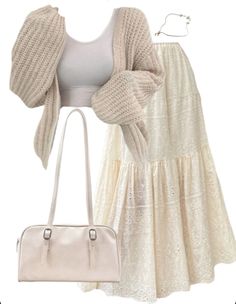 OOTD: Front Knit Cardigan + Spliced Maxi Skirt + Leather Shoulder Bag Comfortable Classy Outfits Simple, Cute Long Jean Skirt Outfits, Maxi Skirt Inspo Outfit, Super Girly Outfits, Long Outfit Ideas, Cute Outfits Skirt, Soft Core Aesthetic Outfits, Skirt Outfits Maxi, White Knit Sweater Outfit