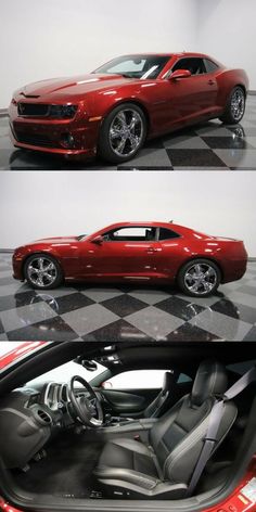 two photographs of a red sports car on a black and white checkered floor