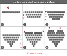 how to make a heart using square pictures in four different ways, including numbers and letters